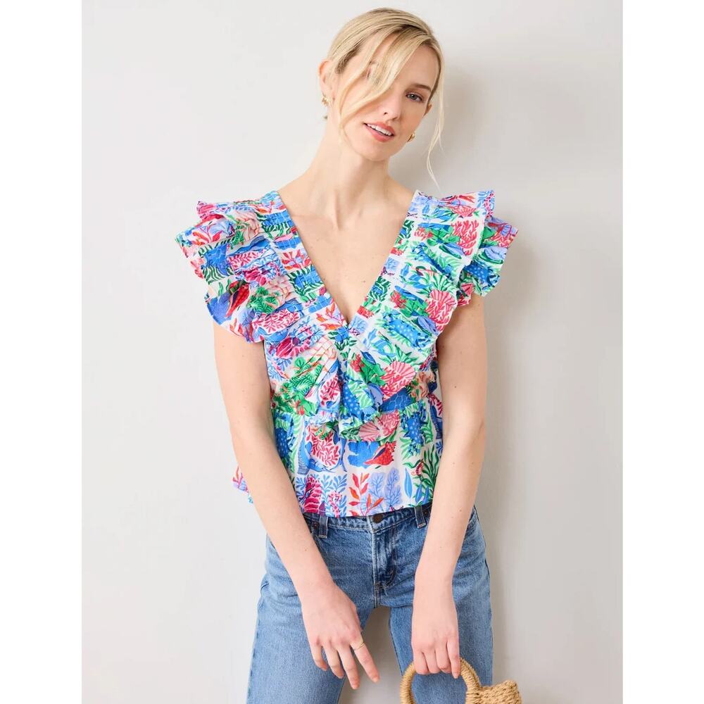 NWT Printfresh Lola Blouse in Stained Glass Sea SZ 3X Tropical Vacation Ocean